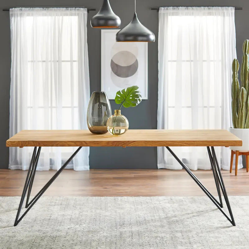 Solid Pine Wood Live Edge Dining Table with Black Hairpin Metal Legs Natural