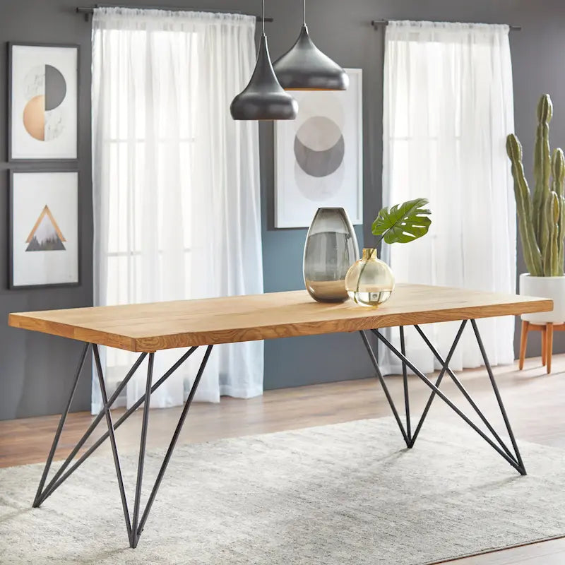 Solid Pine Wood Live Edge Dining Table with Black Hairpin Metal Legs Natural