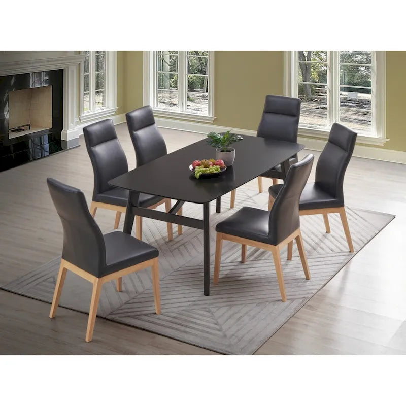 Black Leather High-Back Dining Side Chair with Walnut Wood Legs
