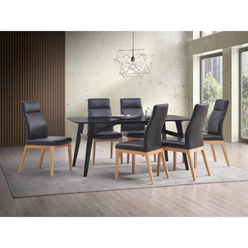 Black Leather High-Back Dining Side Chair with Walnut Wood Legs