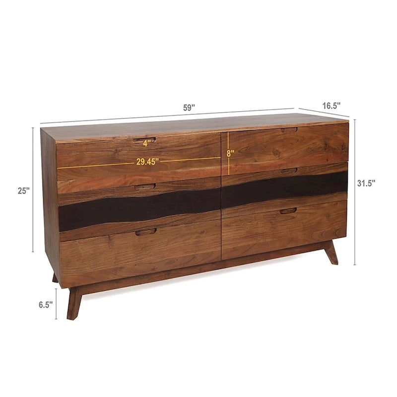 Six Drawer Solid Acacia Wood Sideboard Natural Brown Live Edge