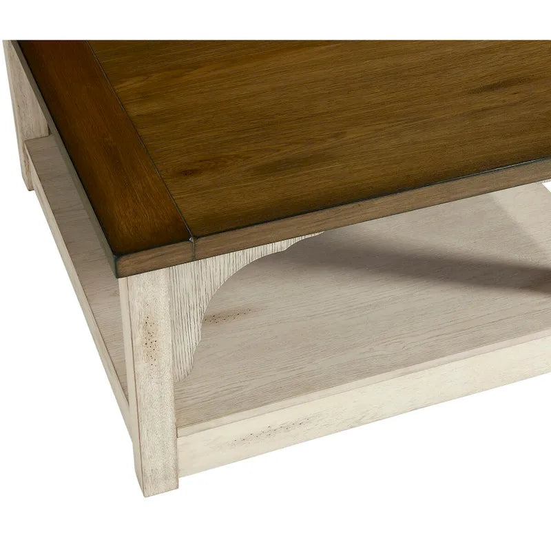 Round Farmhouse End Table Oak White Two-Tone Arch Base Bottom Shelf