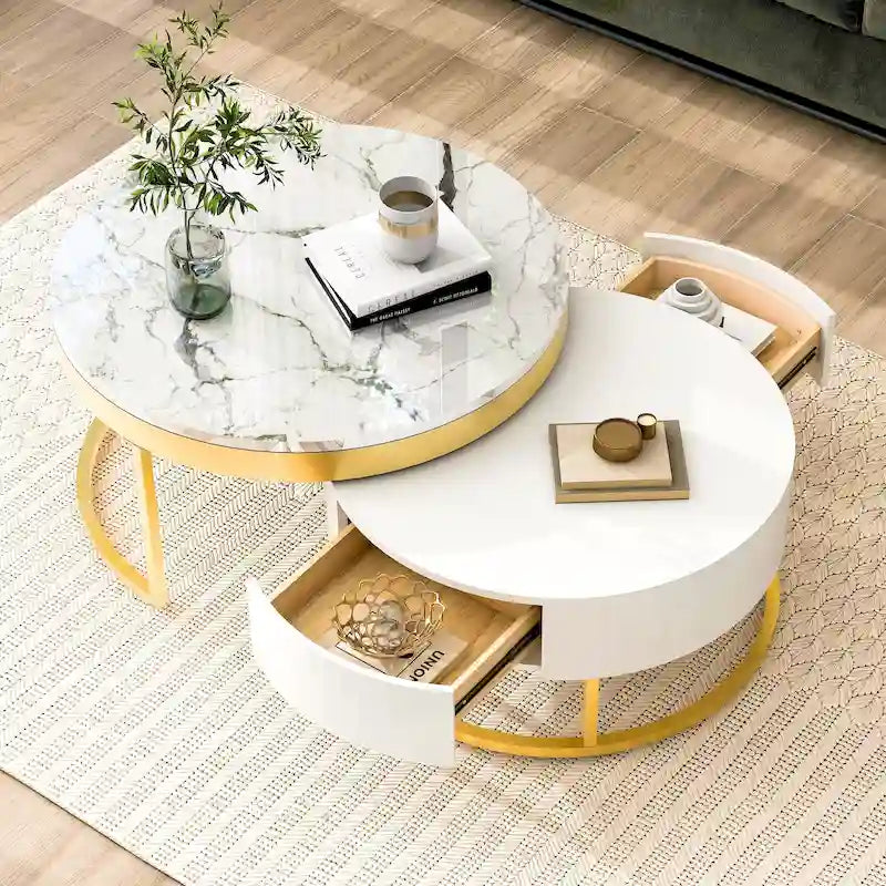 Round Coffee Table with Drawers White Gold MDF Top Metal Base Modern Style