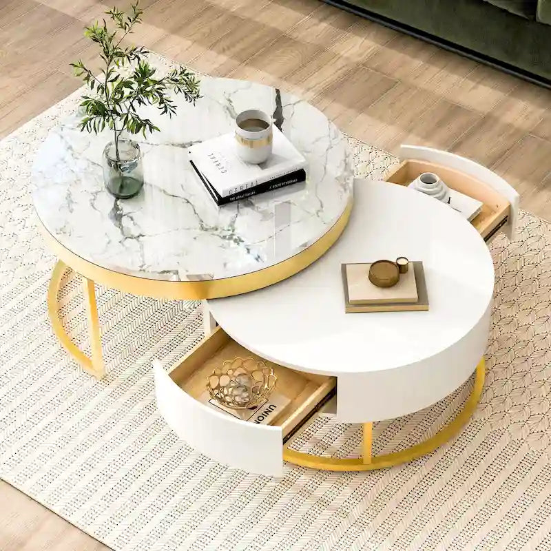 Round Coffee Table with Drawers White Gold MDF Top Metal Base Modern Style