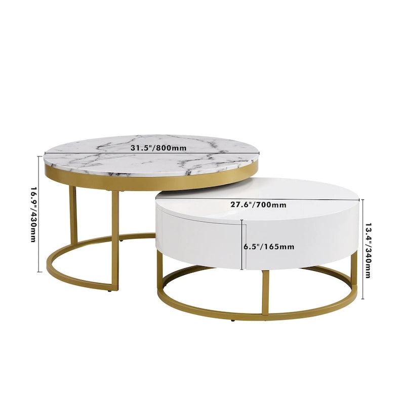 Round Coffee Table with Drawers White Gold MDF Top Metal Base Modern Style