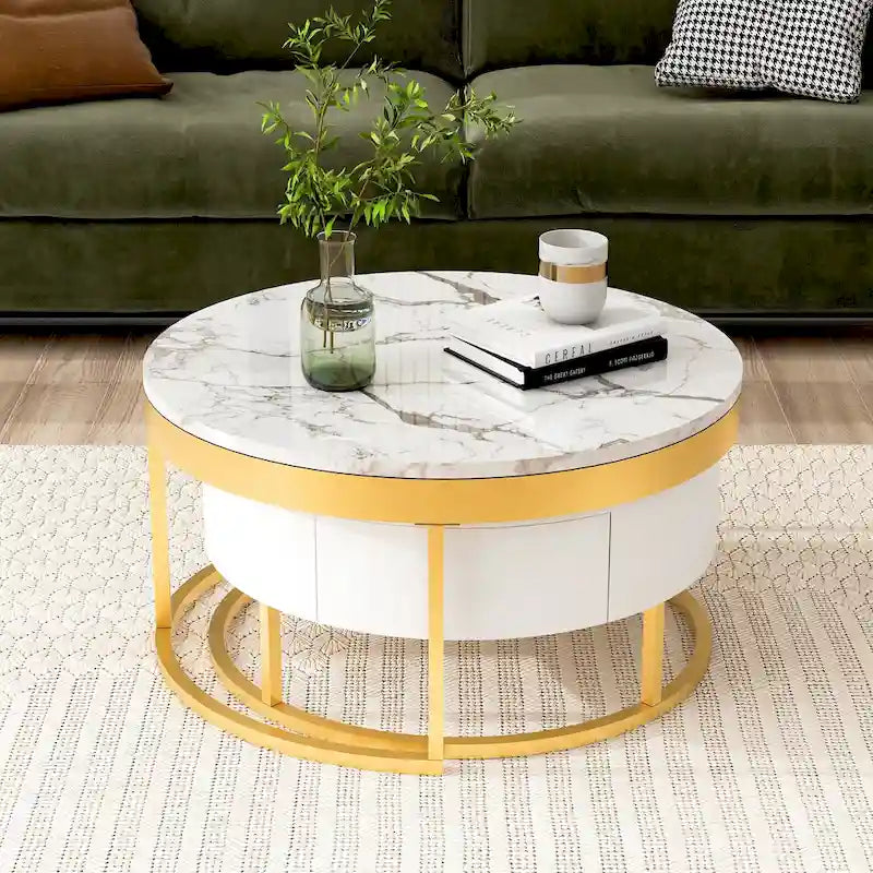 Round Coffee Table with Drawers White Gold MDF Top Metal Base Modern Style