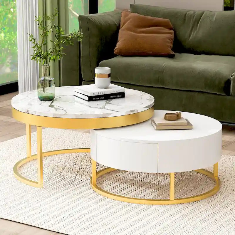 Round Coffee Table with Drawers White Gold MDF Top Metal Base Modern Style