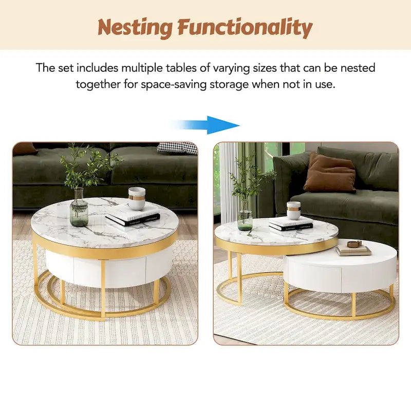 Round Coffee Table with Drawers White Gold MDF Top Metal Base Modern Style