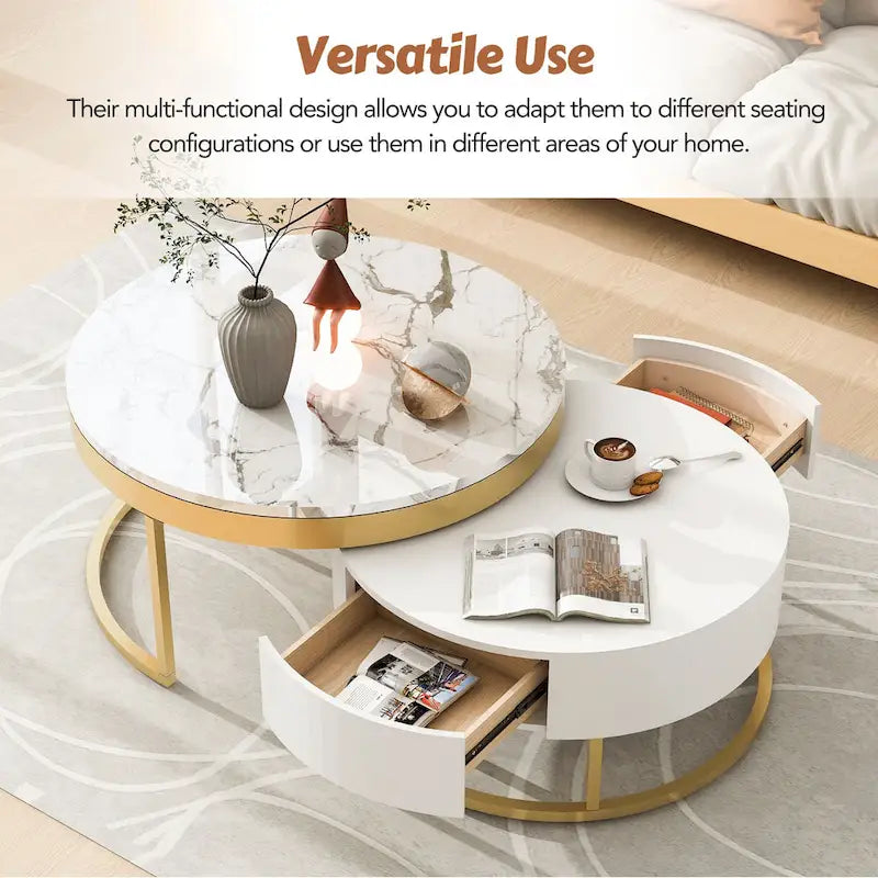 Round Coffee Table with Drawers White Gold MDF Top Metal Base Modern Style