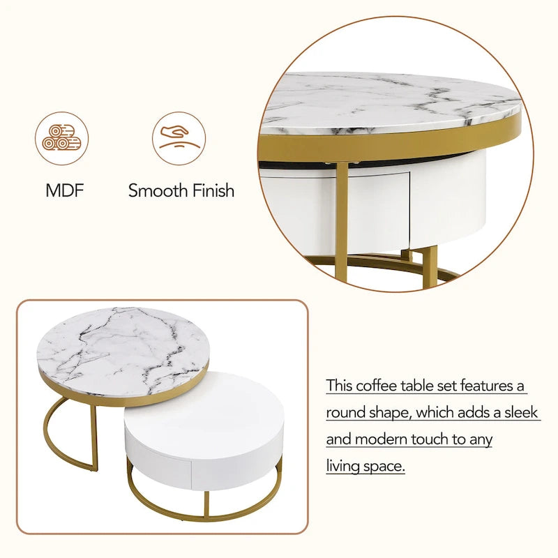 Round Coffee Table with Drawers White Gold MDF Top Metal Base Modern Style