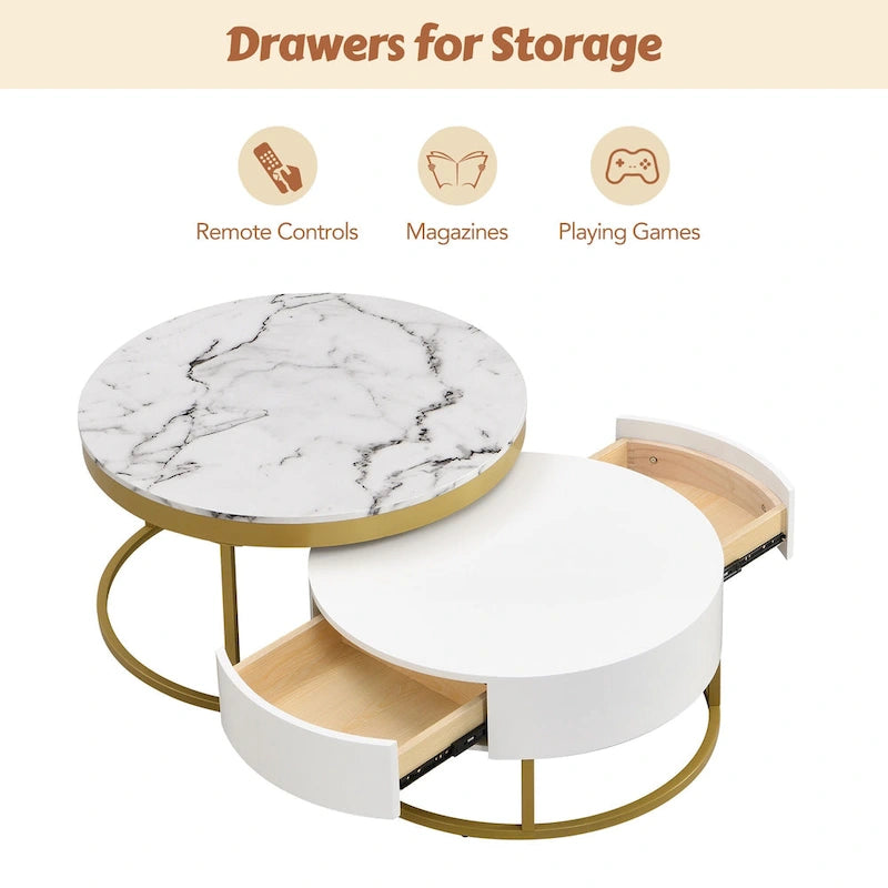 Round Coffee Table with Drawers White Gold MDF Top Metal Base Modern Style