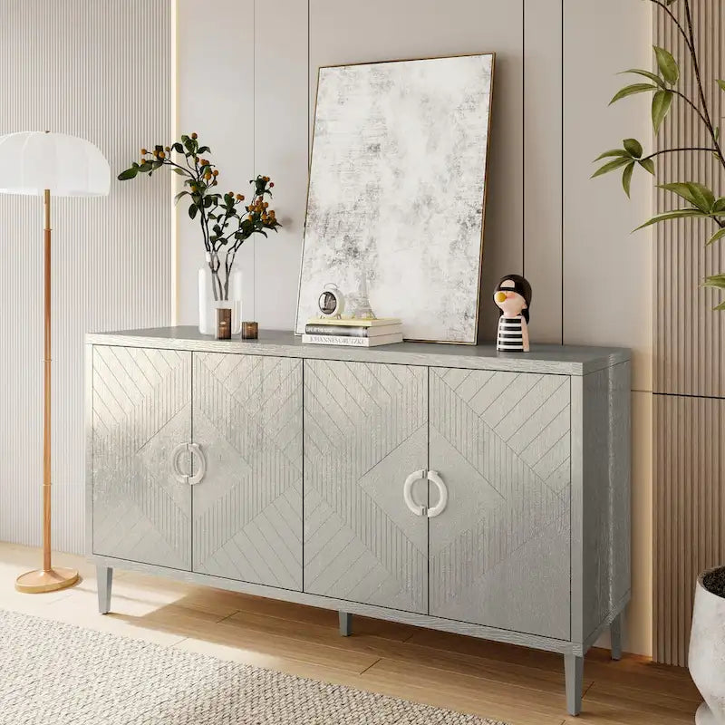 4-Door MDF Storage Cabinet with Solid Wood Pine Legs and Zinc Alloy Pulls