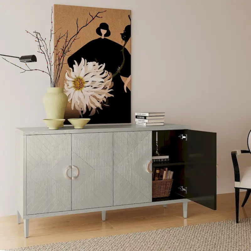 4-Door MDF Storage Cabinet with Solid Wood Pine Legs and Zinc Alloy Pulls