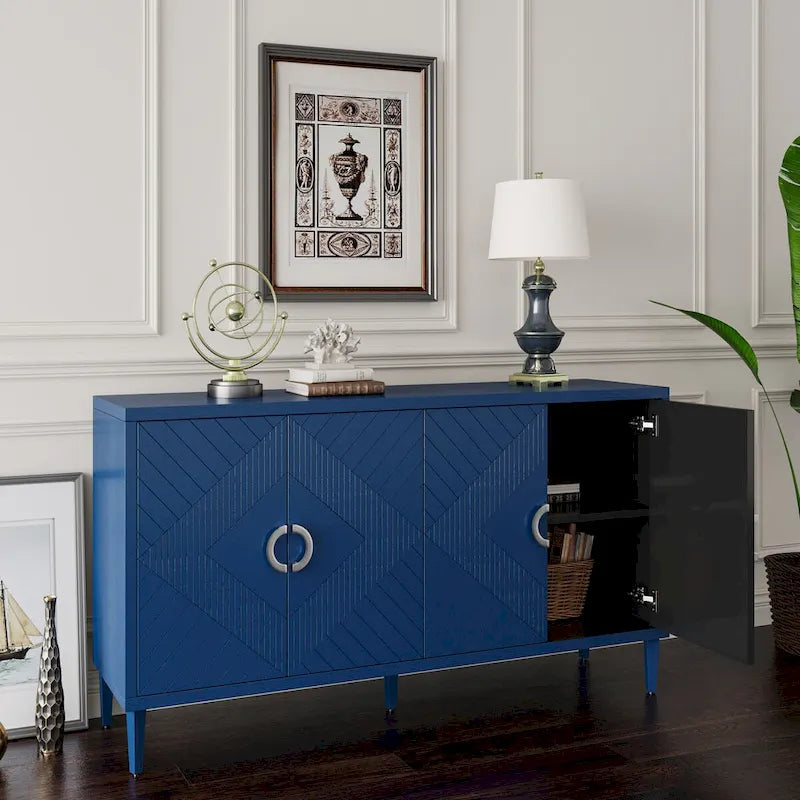 4-Door MDF Storage Cabinet with Solid Wood Pine Legs and Zinc Alloy Pulls
