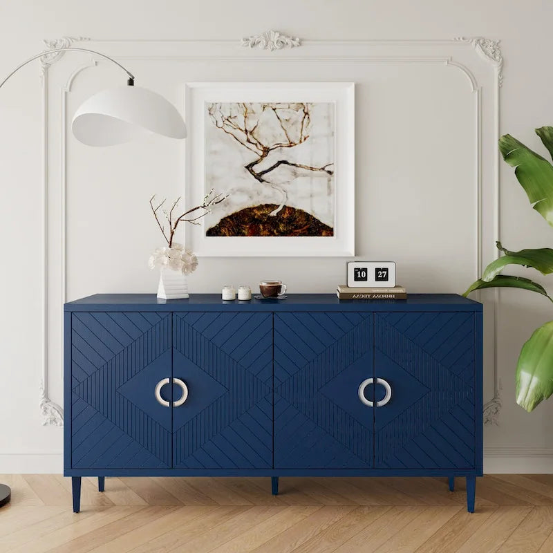 4-Door MDF Storage Cabinet with Solid Wood Pine Legs and Zinc Alloy Pulls