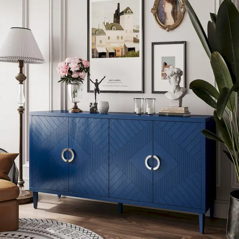4-Door MDF Storage Cabinet with Solid Wood Pine Legs and Zinc Alloy Pulls
