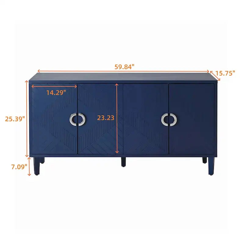 4-Door MDF Storage Cabinet with Solid Wood Pine Legs and Zinc Alloy Pulls