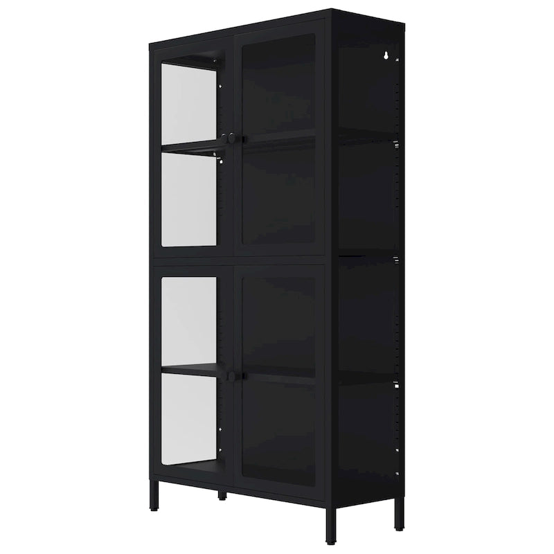 Metal Storage Cabinet with Four Tempered Glass Doors and Adjustable Shelves