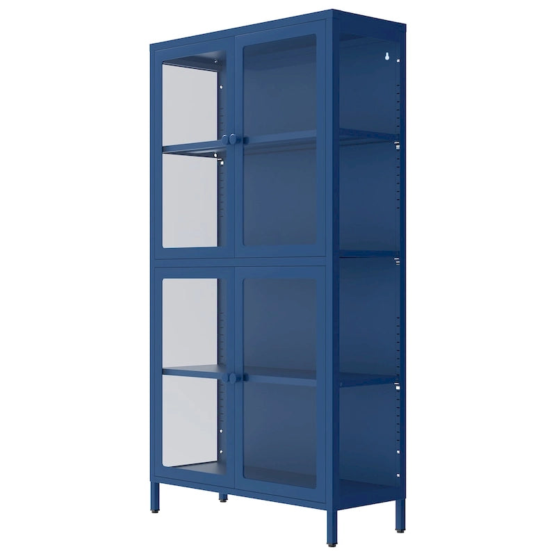 Metal Storage Cabinet with Four Tempered Glass Doors and Adjustable Shelves