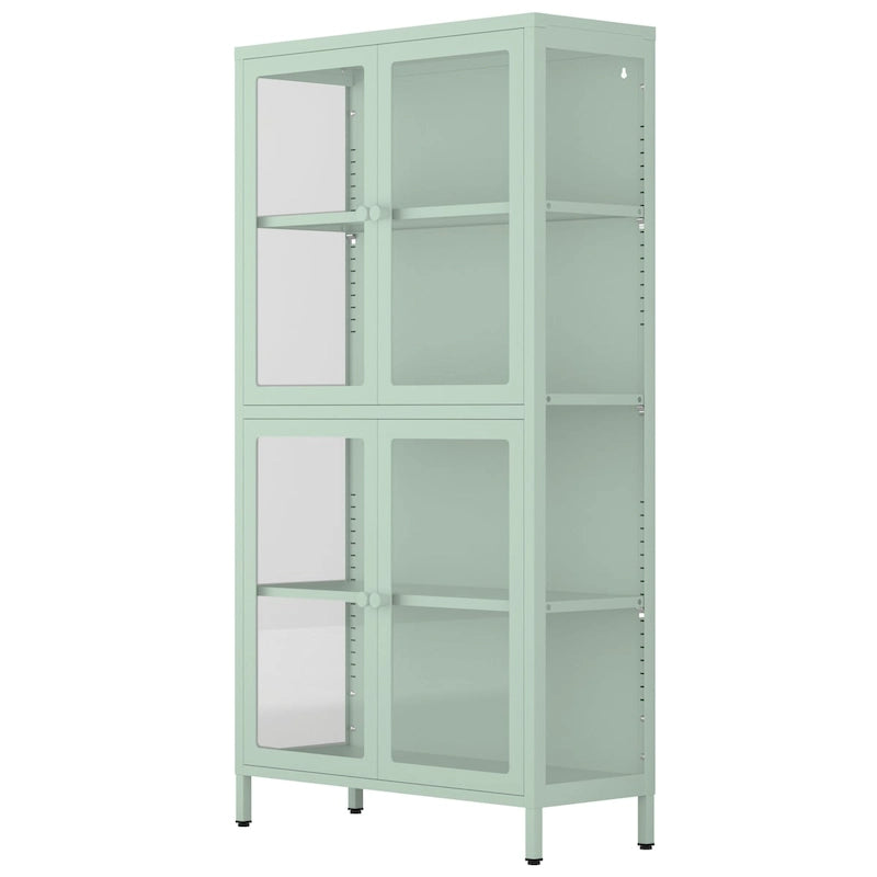 Metal Storage Cabinet with Four Tempered Glass Doors and Adjustable Shelves
