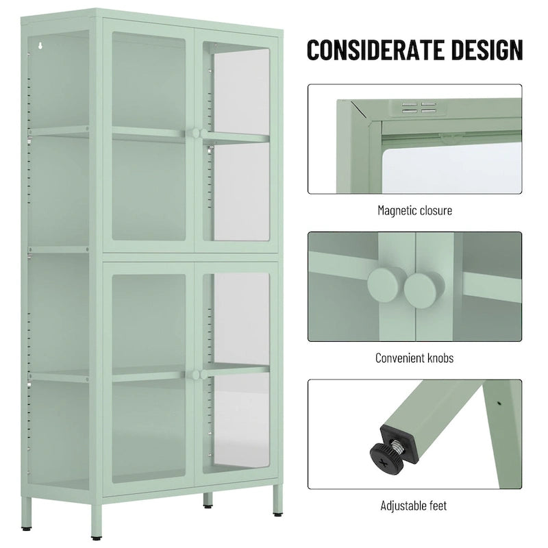 Metal Storage Cabinet with Four Tempered Glass Doors and Adjustable Shelves