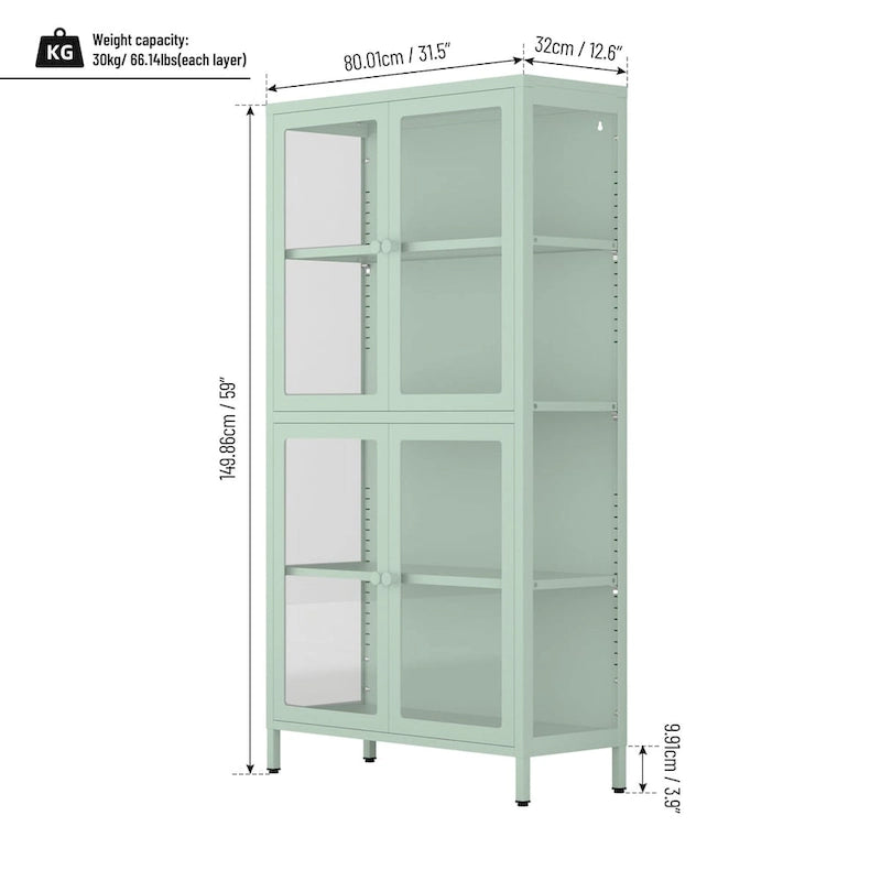 Metal Storage Cabinet with Four Tempered Glass Doors and Adjustable Shelves