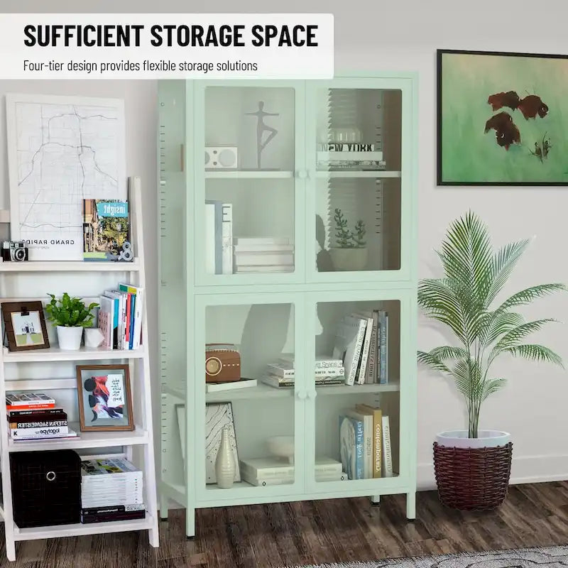 Metal Storage Cabinet with Four Tempered Glass Doors and Adjustable Shelves