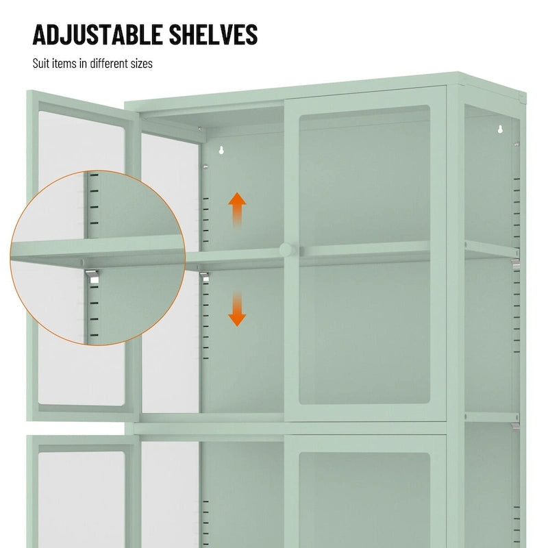 Metal Storage Cabinet with Four Tempered Glass Doors and Adjustable Shelves