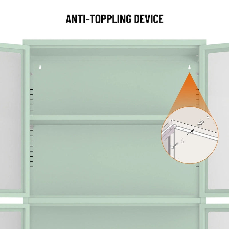 Metal Storage Cabinet with Four Tempered Glass Doors and Adjustable Shelves