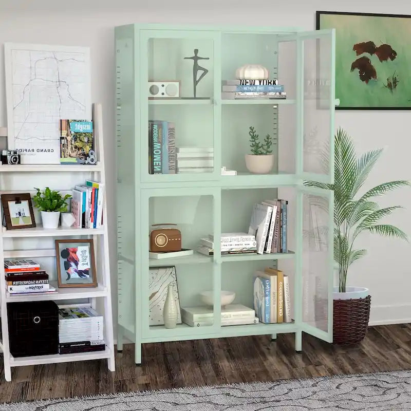 Metal Storage Cabinet with Four Tempered Glass Doors and Adjustable Shelves