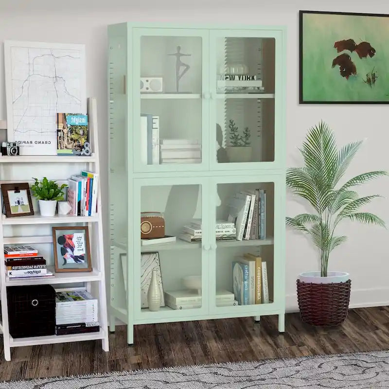 Metal Storage Cabinet with Four Tempered Glass Doors and Adjustable Shelves