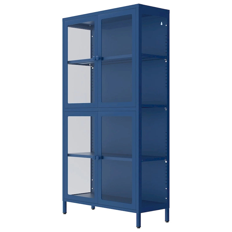 Metal Storage Cabinet with Four Tempered Glass Doors and Adjustable Shelves