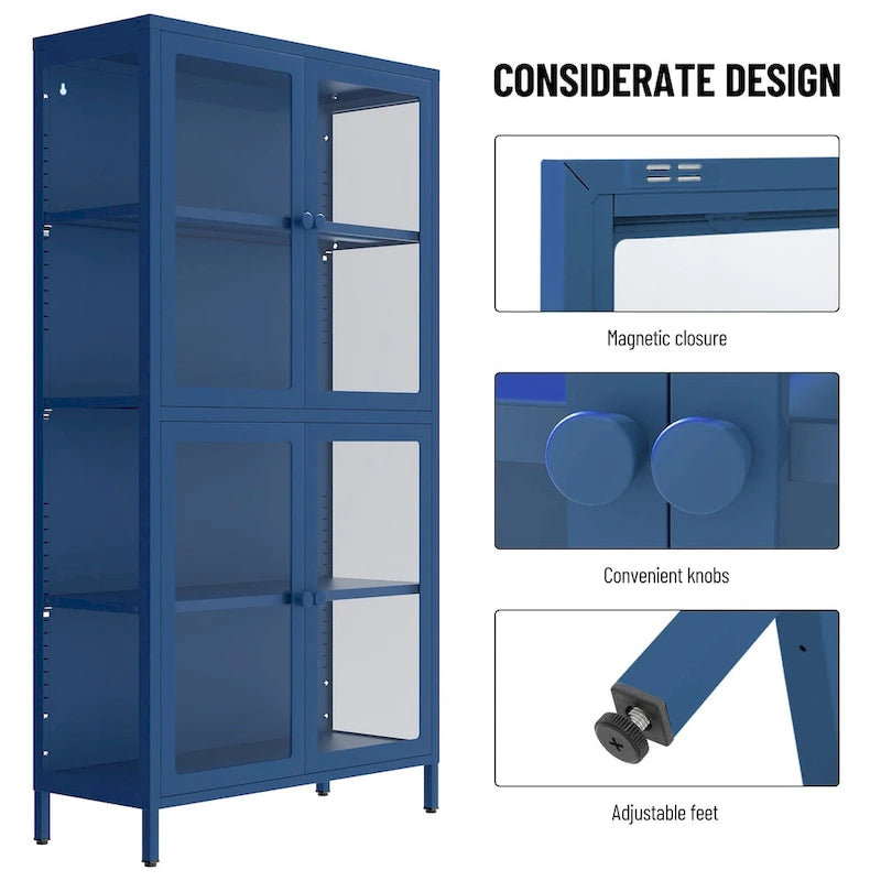 Metal Storage Cabinet with Four Tempered Glass Doors and Adjustable Shelves
