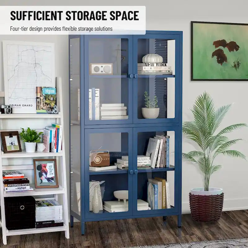 Metal Storage Cabinet with Four Tempered Glass Doors and Adjustable Shelves