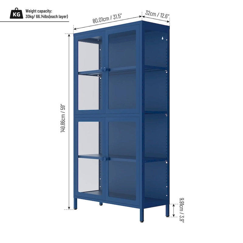 Metal Storage Cabinet with Four Tempered Glass Doors and Adjustable Shelves