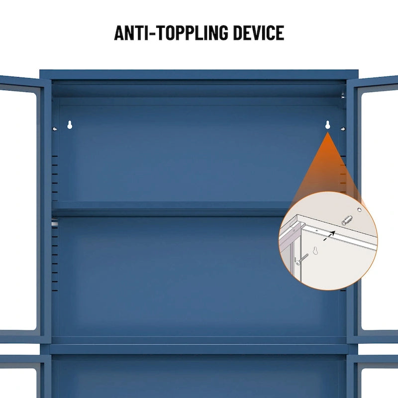 Metal Storage Cabinet with Four Tempered Glass Doors and Adjustable Shelves