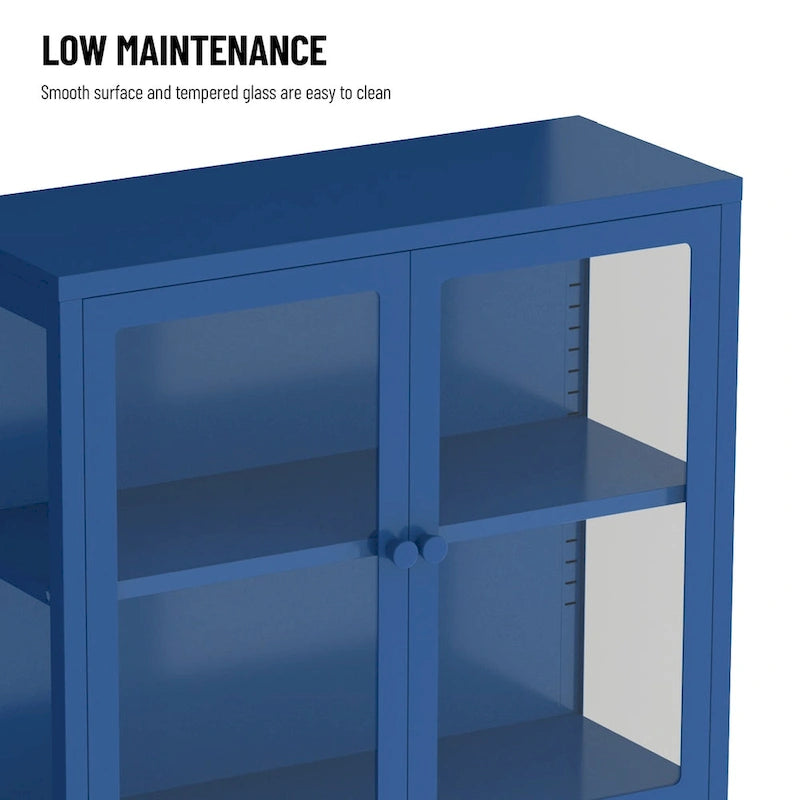 Metal Storage Cabinet with Four Tempered Glass Doors and Adjustable Shelves