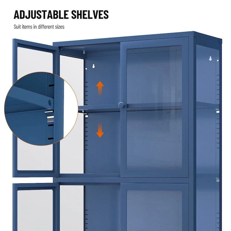 Metal Storage Cabinet with Four Tempered Glass Doors and Adjustable Shelves