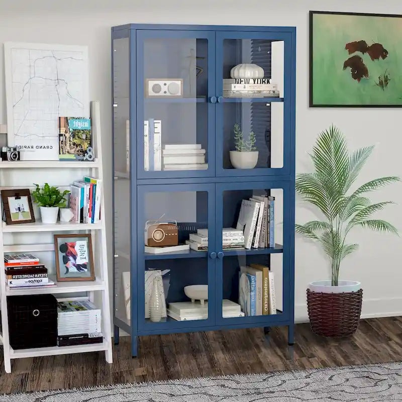 Metal Storage Cabinet with Four Tempered Glass Doors and Adjustable Shelves