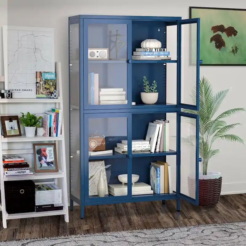 Metal Storage Cabinet with Four Tempered Glass Doors and Adjustable Shelves