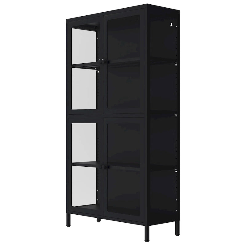Metal Storage Cabinet with Four Tempered Glass Doors and Adjustable Shelves