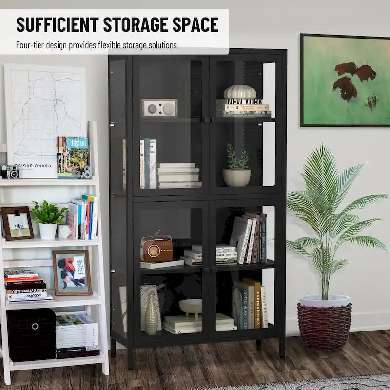 Metal Storage Cabinet with Four Tempered Glass Doors and Adjustable Shelves