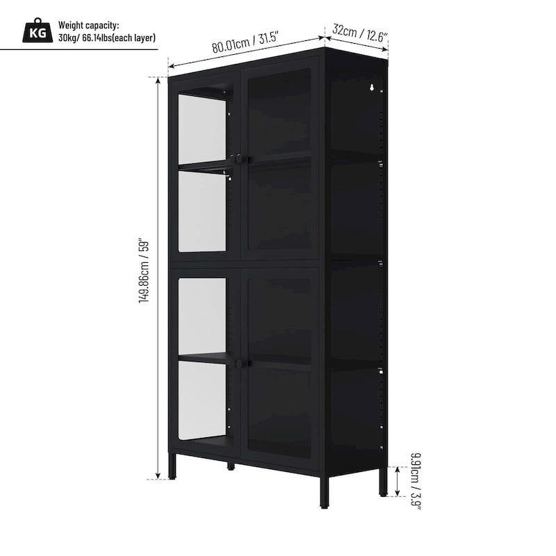 Metal Storage Cabinet with Four Tempered Glass Doors and Adjustable Shelves