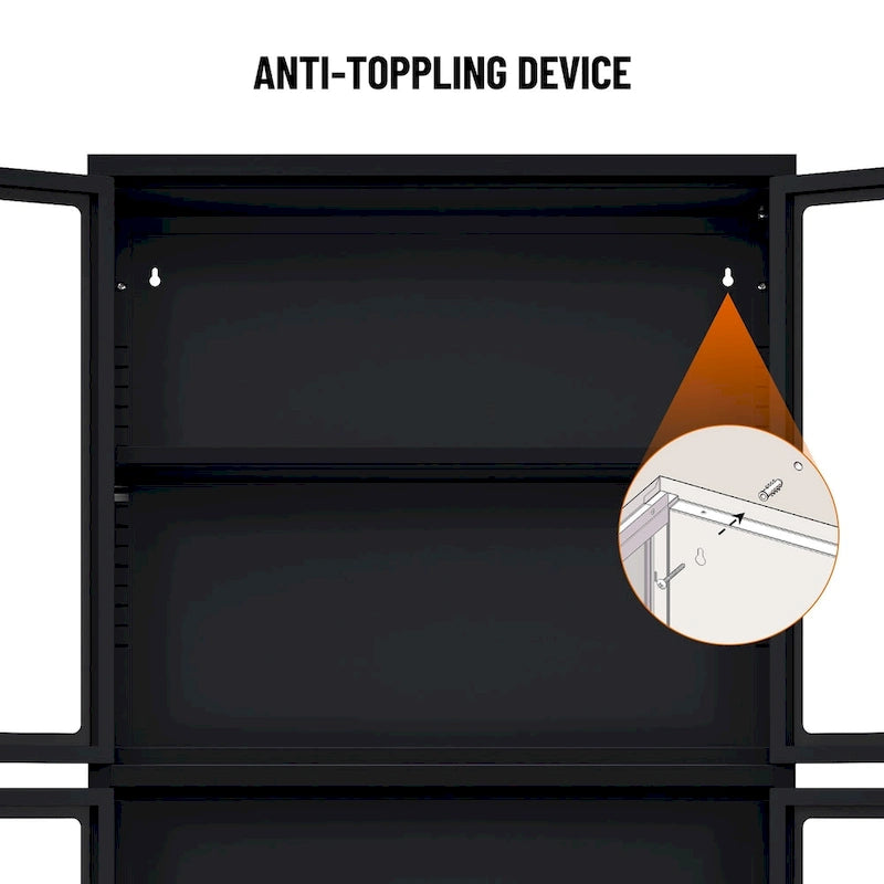 Metal Storage Cabinet with Four Tempered Glass Doors and Adjustable Shelves