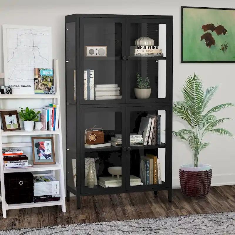 Metal Storage Cabinet with Four Tempered Glass Doors and Adjustable Shelves
