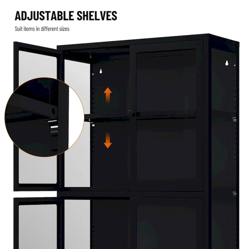 Metal Storage Cabinet with Four Tempered Glass Doors and Adjustable Shelves