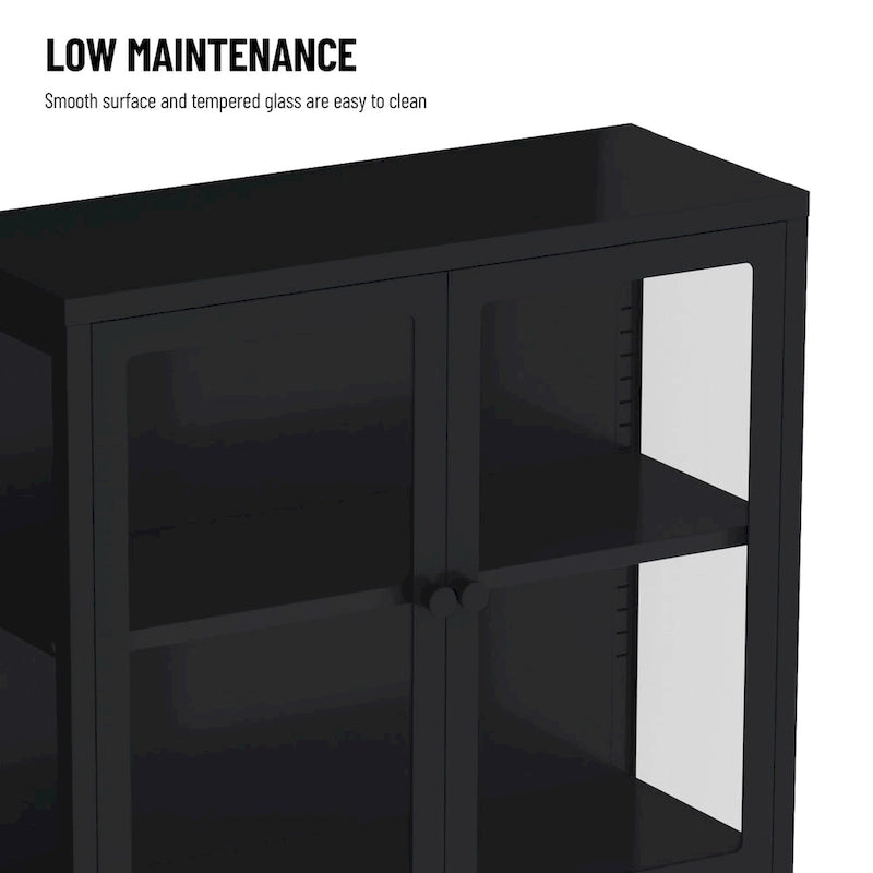 Metal Storage Cabinet with Four Tempered Glass Doors and Adjustable Shelves