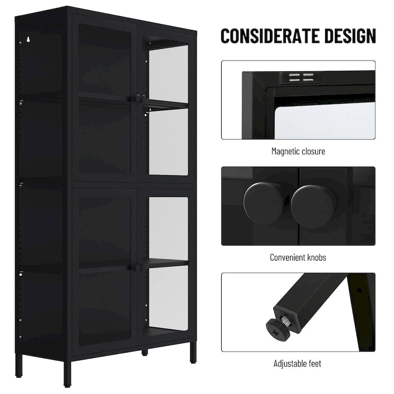 Metal Storage Cabinet with Four Tempered Glass Doors and Adjustable Shelves