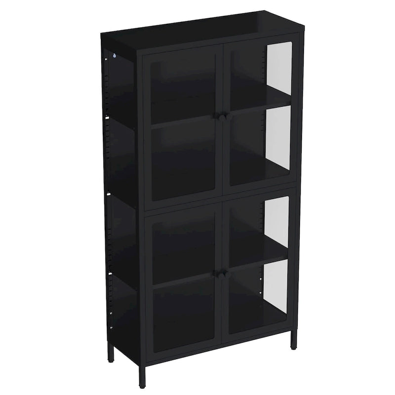 Metal Storage Cabinet with Four Tempered Glass Doors and Adjustable Shelves
