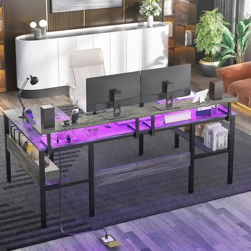 L-Shaped Corner Desk with Monitor Stand, LED Lights and USB Ports – Black